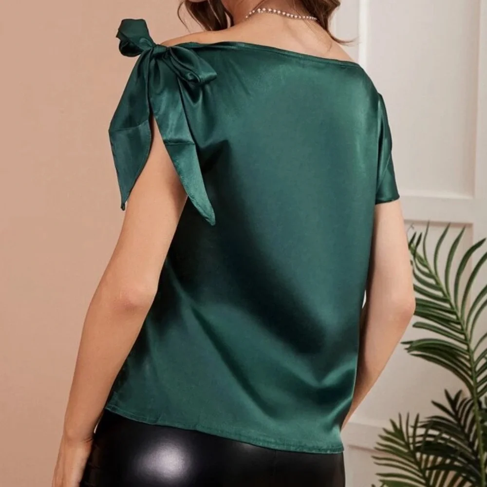 Boho green off shoulder satin tie should blouse